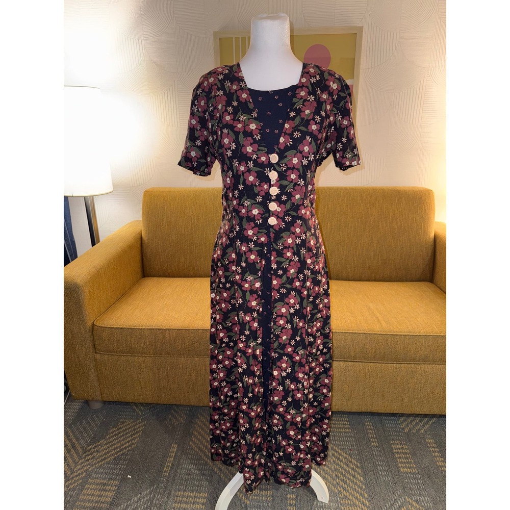 Christopher & Banks 90s Vintage Floral Maxi Dress Navy‎ Burgundy Rayon